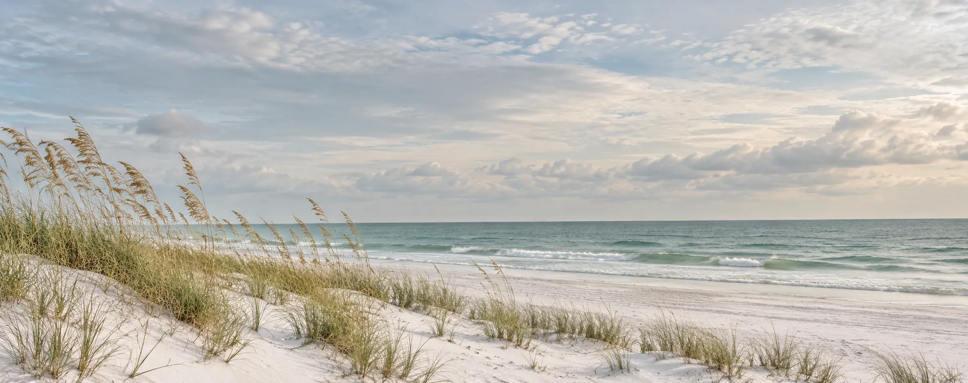 White sand dunes with sea oats and turquoise Gulf waters near the Florida Panhandle