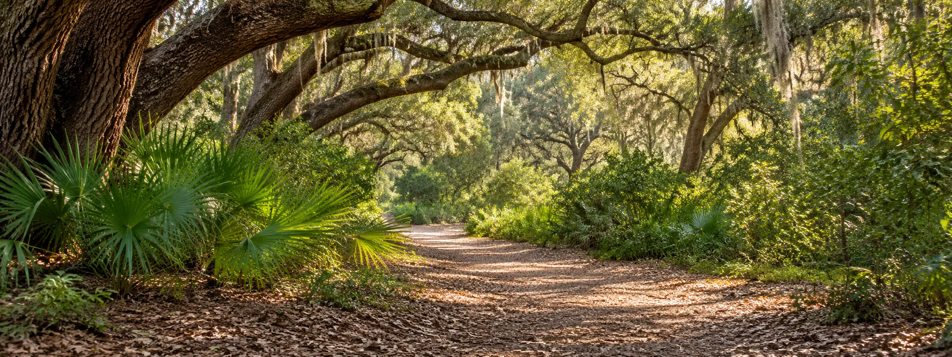 Shaded path beneath live oak canopy with Spanish moss near Bristol, Florida