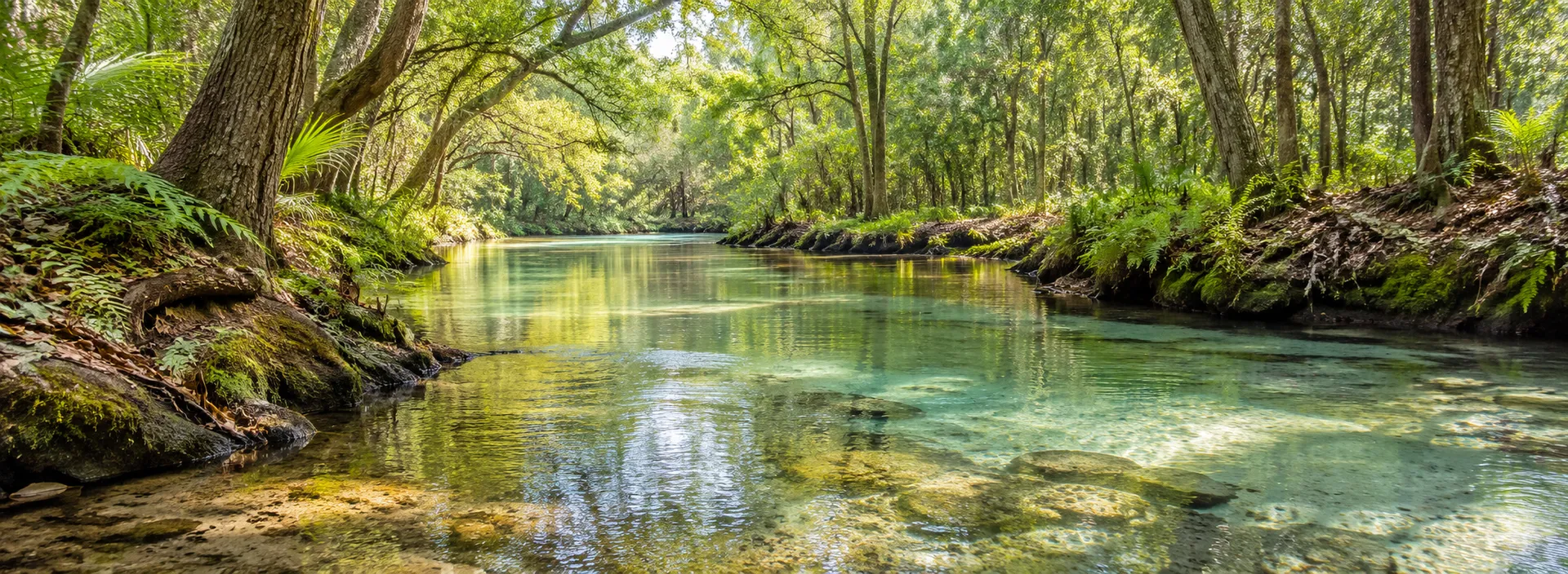Crystal-clear creek winding through lush forest canopy in the Florida Panhandle